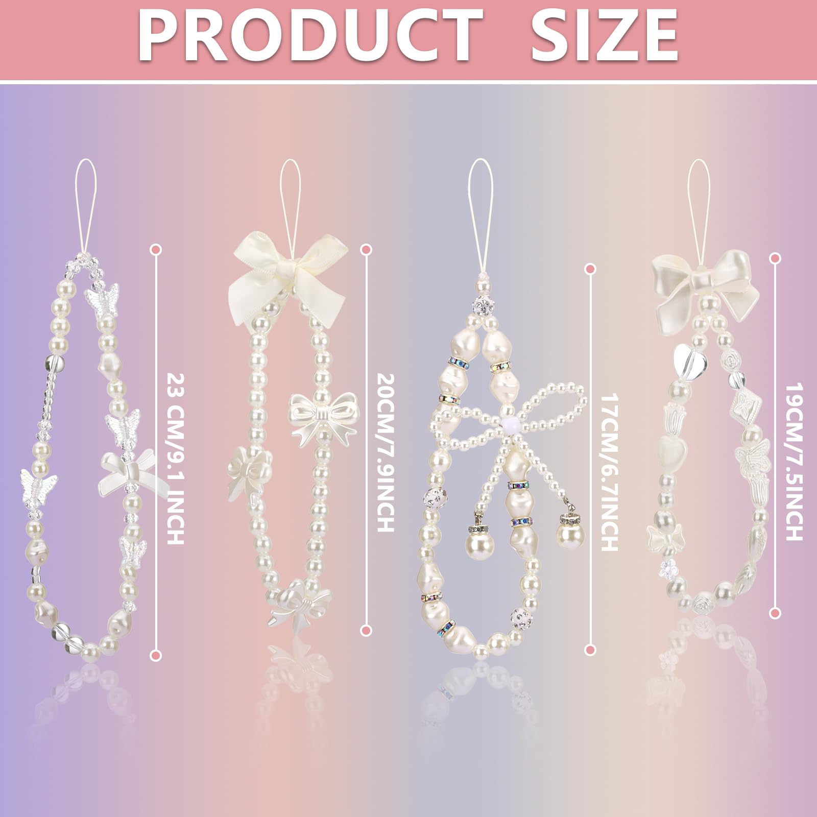 Draupnir 4pcs Phone Charms Strap, Butterfly Bow Camera Strap Wrist Beaded Phone Bracelet Wrist Straps, Pearl Bracelet Lanyard Keychain Charm for Women