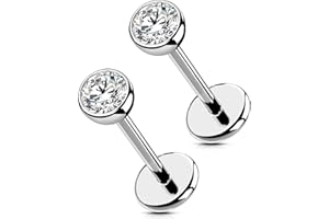 OUFER 2PCS Nose Rings Studs, G23 Solid Titanium Push in Nose Rings 20G Silver, Shining CZ Flat Back Threadless Nose Nostril C
