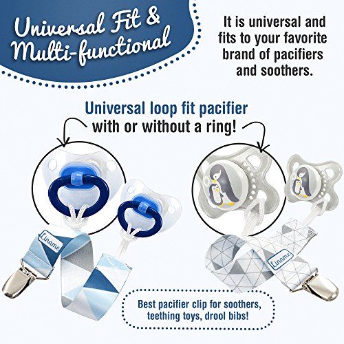 Liname Pacifier Clip for Boys with BONUS Teething Toy & eBook - 4 Pack Gift Packaging - Premium Quality & Unique Design - Pacifier Clips Fit ALL Pacifiers & Soothers - Perfect Baby Gift