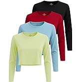 Real Essentials 4 Pack: Women's Cotton Long Sleeve Crew Crop Top - Casual Cropped T-Shirt (Available in Plus Size)