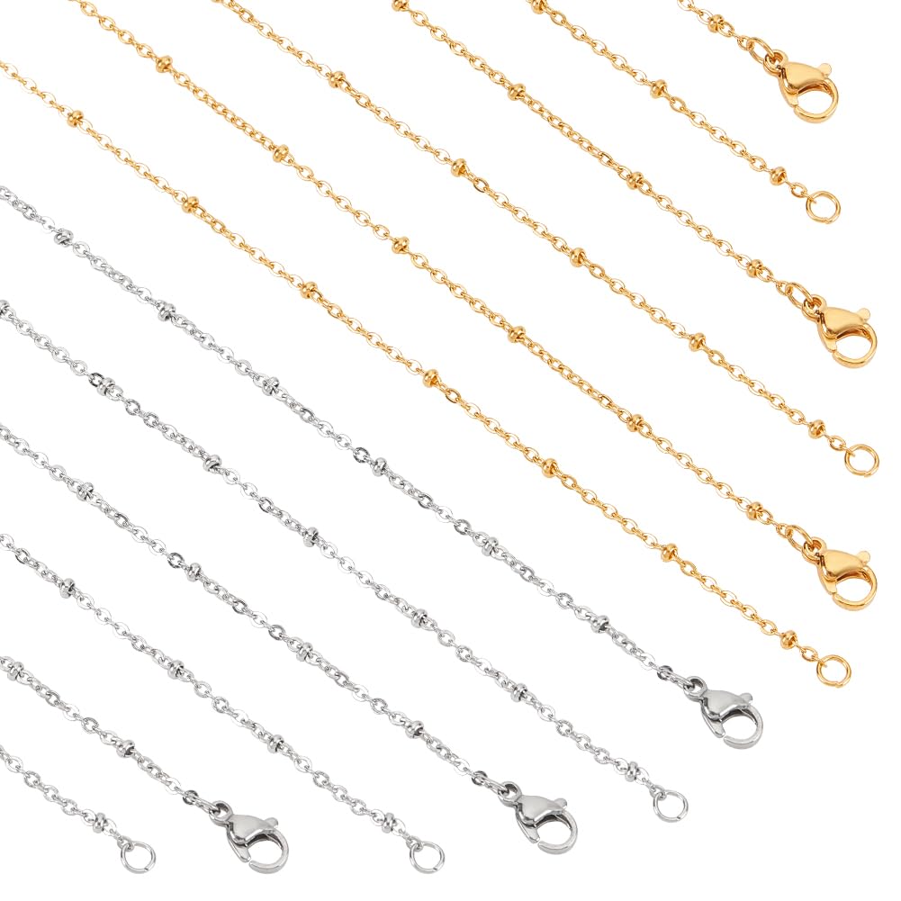 NBEADS 12 Pcs 44.5cm Necklace Chains, 2 Colors 304 Stainless Steel Satellite Chain Necklaces Set Bead Chain with Lobster Clasps DIY Chain and Plastic Box for Jewelry DIY Making Necklace Bracelet