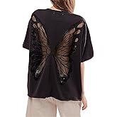 Women Butterfly Sheer T-Shirt Loose Cut Out Back Vintage Short Sleeve Tee Oversized Embroidered Summer Trendy Top