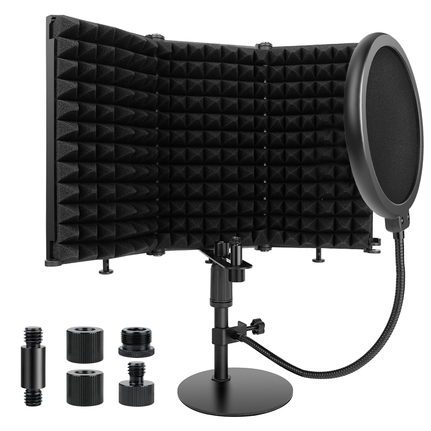 Rigych Microphone Isolation Shield with Pop Filter and Mic Stand, Sound Proof Mic Isolation Shield, High Density Absorbent Foam Microphone Stand for Recording Studio Vocal Booth Equipment (3 Panels) — image 1