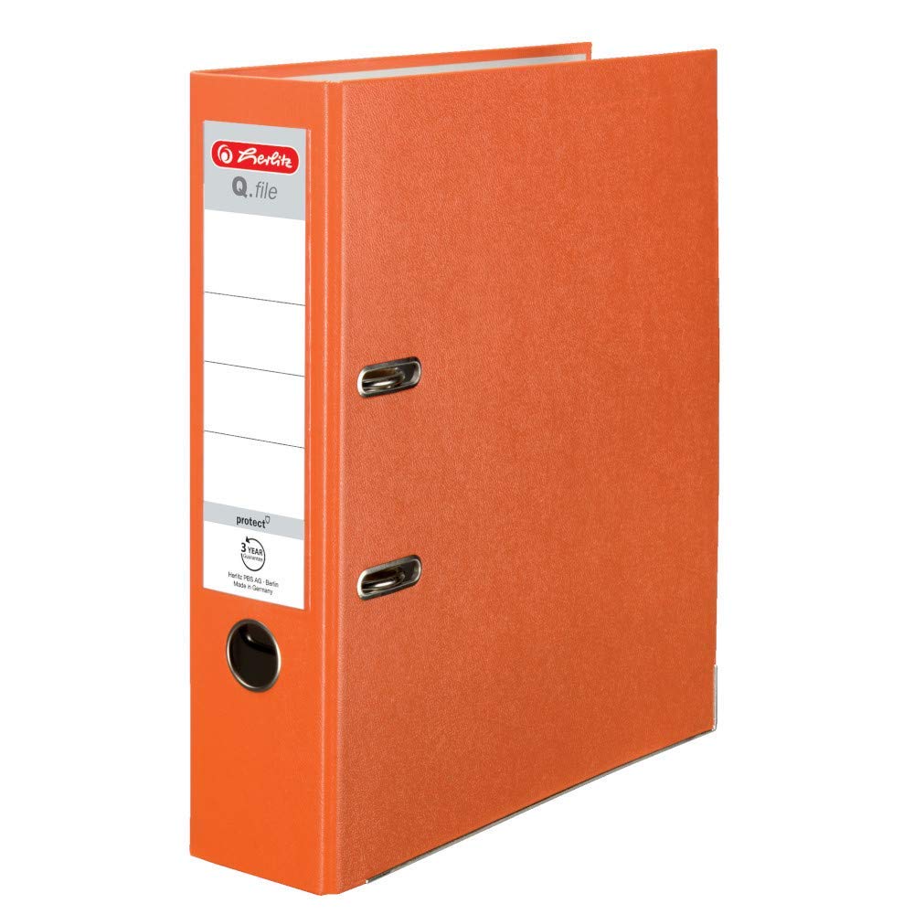 Herlitz® Q.File A4 Lever Arch File, 8 cm Spine, Reversible Sign, 2-Ring Mechanism with Push Strip, PP Film Coated Robust Fittings, Orange