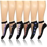 woosnscly 6 Pairs Floral Sheer Mesh Transparent Socks Ankle Lace Ultra Thin Fishnet See Through Jacquard Summer Socks