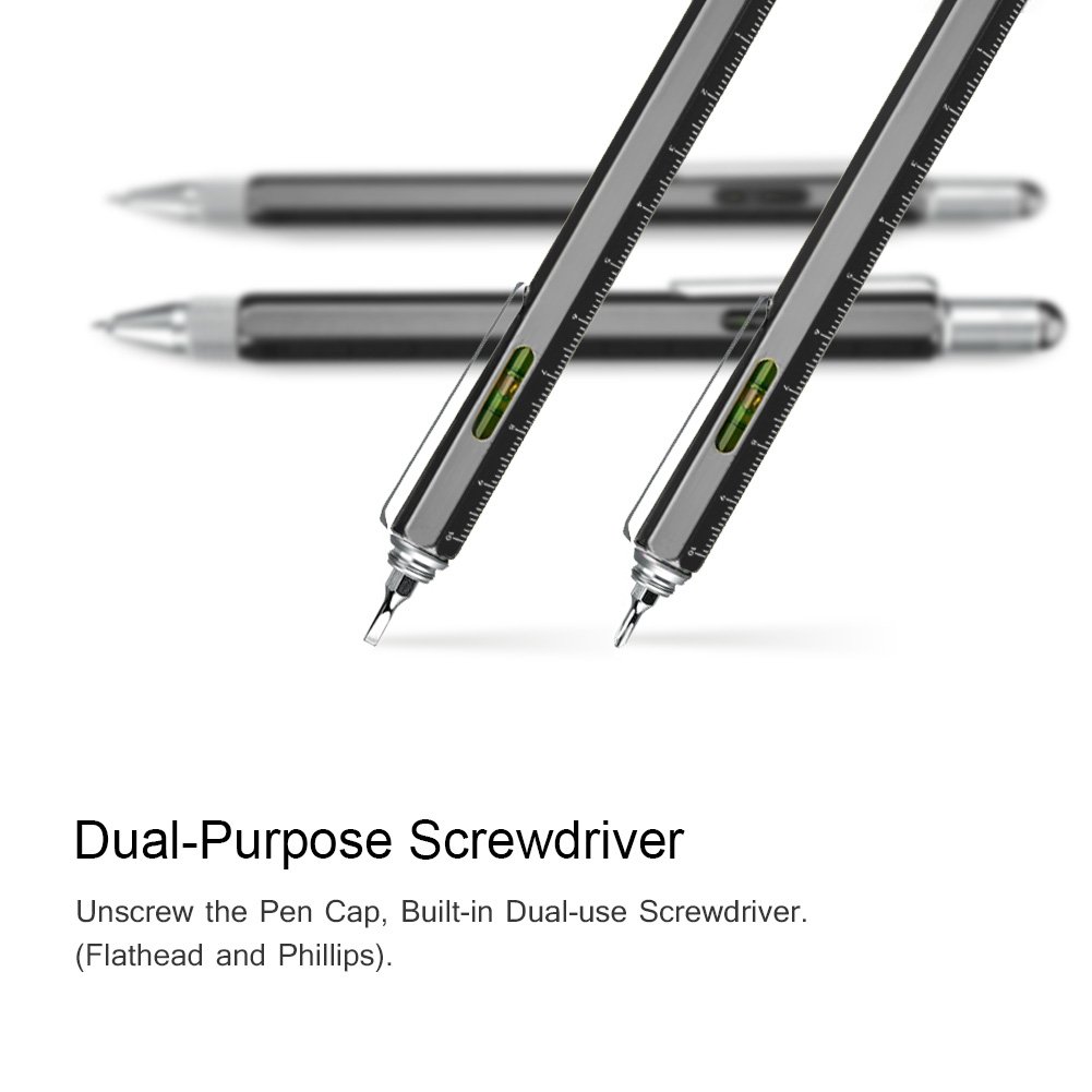 Alintor Multi Pen with Stylus, Multi Functional Pocket Tool, Touch Screen Stylus Pen, Ballpoint Pen with Scale Ruler, Sturdy Aluminum DIY Tool, Gifts for Men (Black)