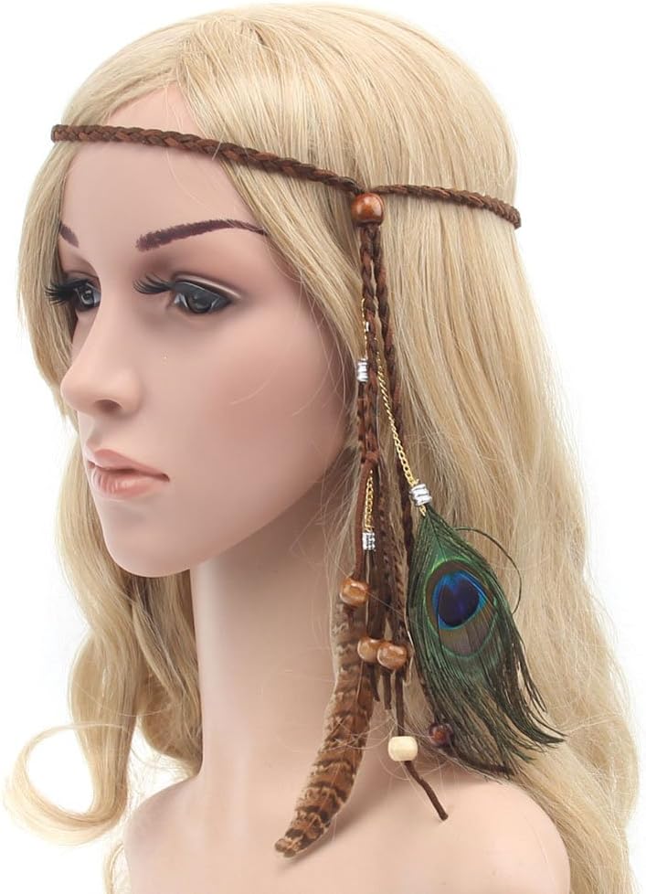 SuoirblssGirls Women Lady BOHO Peacock Feather Hair Band Head Band Hairdressing Folk Style Indian Handmade Headband Hair Hoop Headpiece Headwear Accessory