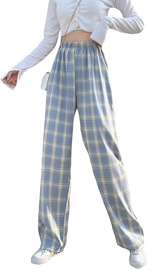 Amazon Shuming チェックパンツ レディース ゆったり ロングパンツ ワイドパンツ チェック柄 ズボン ハイウェスト 着痩せ ボトムス おしゃれ 通学 春 Freesizeブルー ロングパンツ 通販
