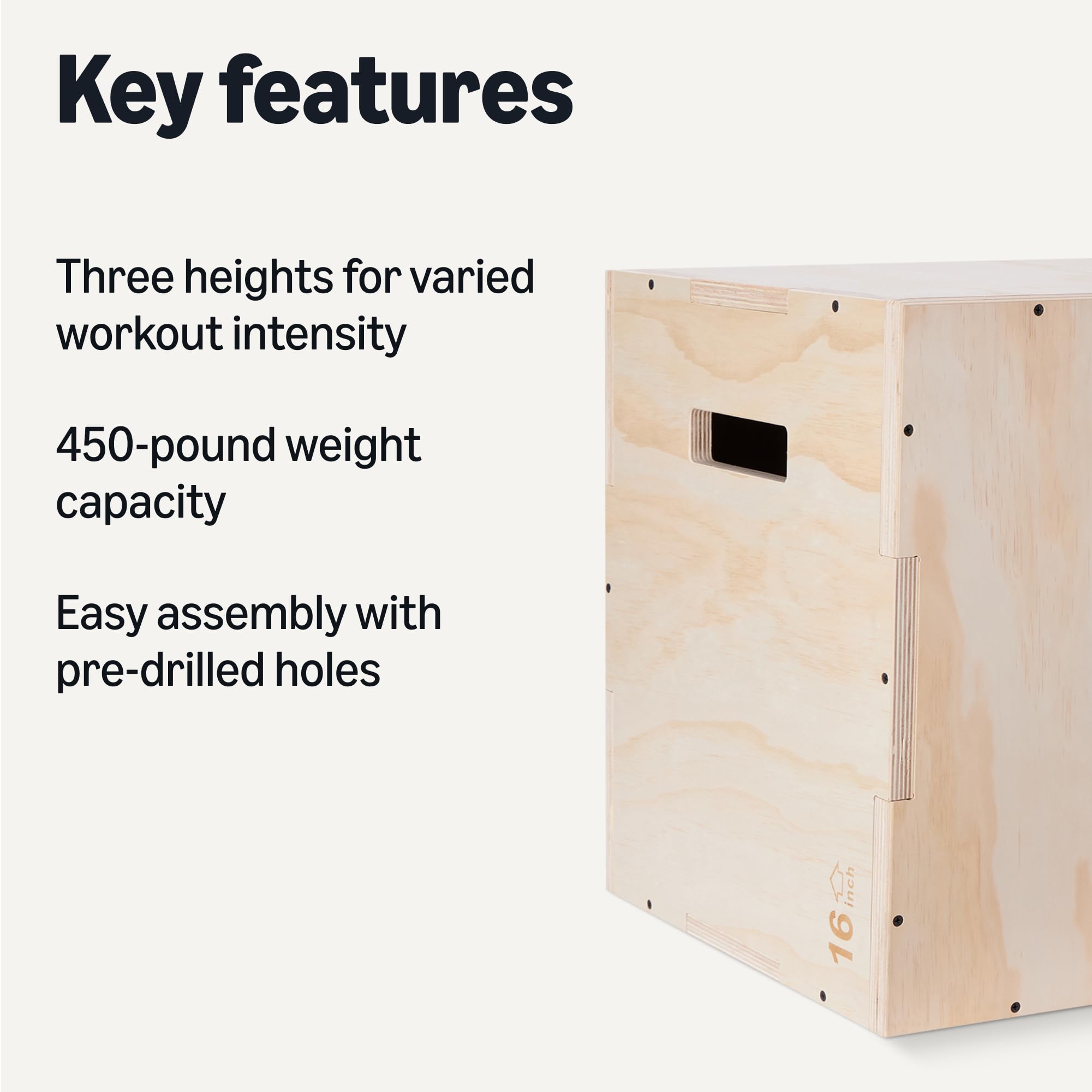 Condition photo showing New/Like New for amazon basics 3-in-1 wooden plyo box, non-slip plyometric jump box for home gym, 24"x20"x16"