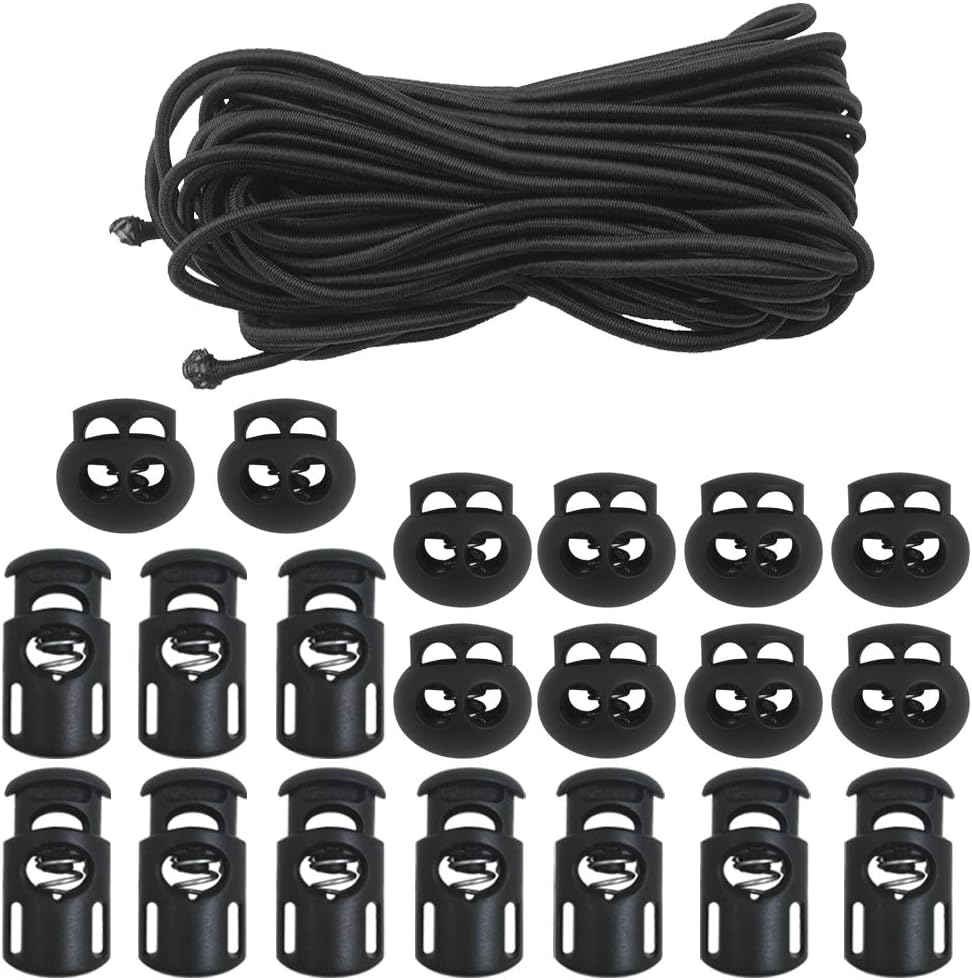 20 PCS Plastic Cord Locks & Elastic Bungee Nylon Shock Cord 5/32" 50 ft