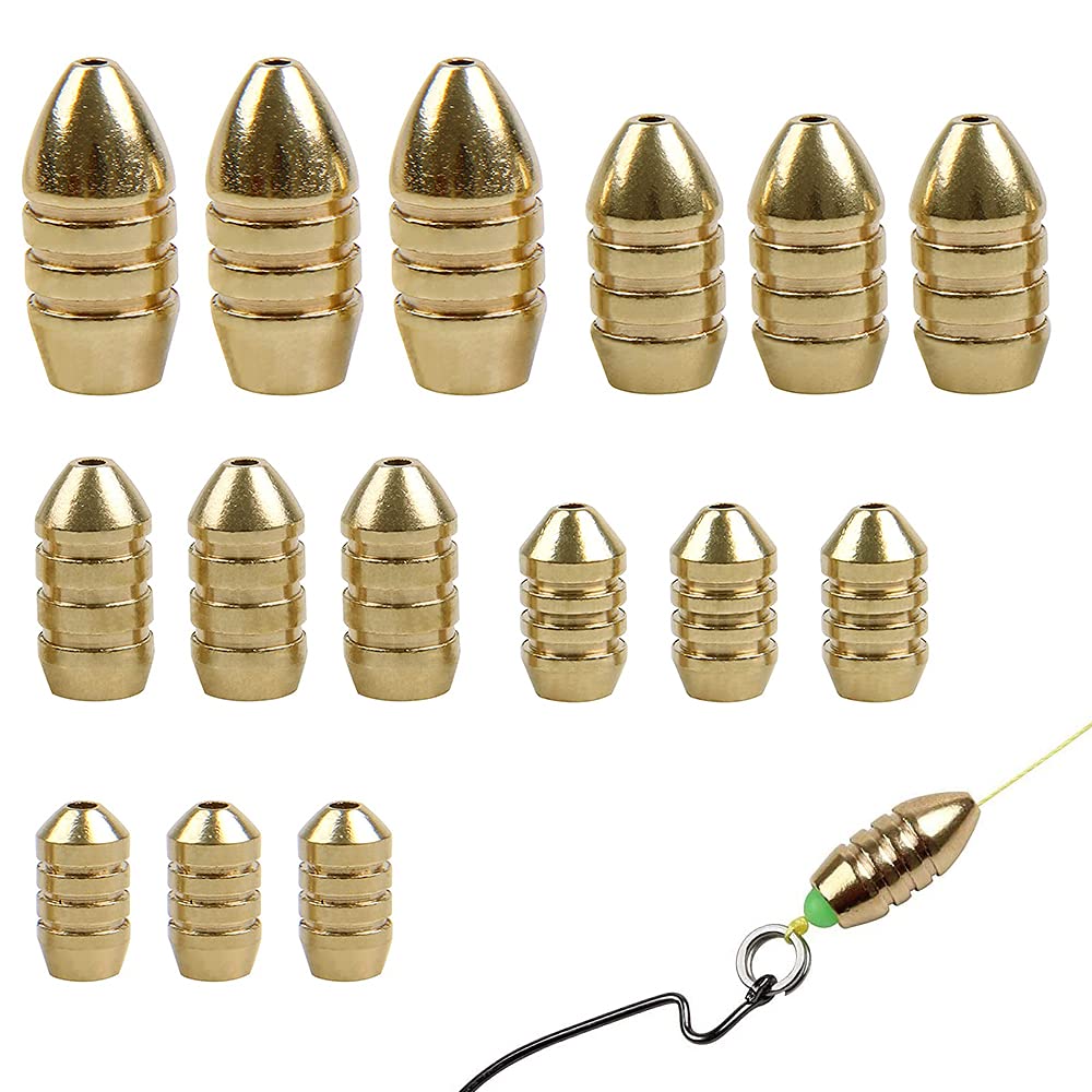 15Pcs Brass Fishing Weights Kit Fishing Brass Hollow Sinkers Fishings Copper Weights for Freshwater Saltwater Fishing Tackle Weights Kit Sizes 1.8g 3.5g 5g 7g 10g