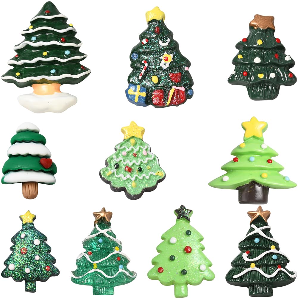 SUNNYCLUE 60Pcs 10 Styles Christmas Cabochon Flatback Resin Charms Bulk Opaque Colorful Flat Back Christmas Tree Charm Cabochons for Christmas Jewellery Hair Clip Phone Case Scrapbooking DIY Crafts