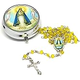 Catholic Town Rosary Necklace with Our Lady of Charity "Virgen de la Caridad del Cobre" center piece, Cross Crucifix and metallic box (Available in Red, White and Yellow colors)
