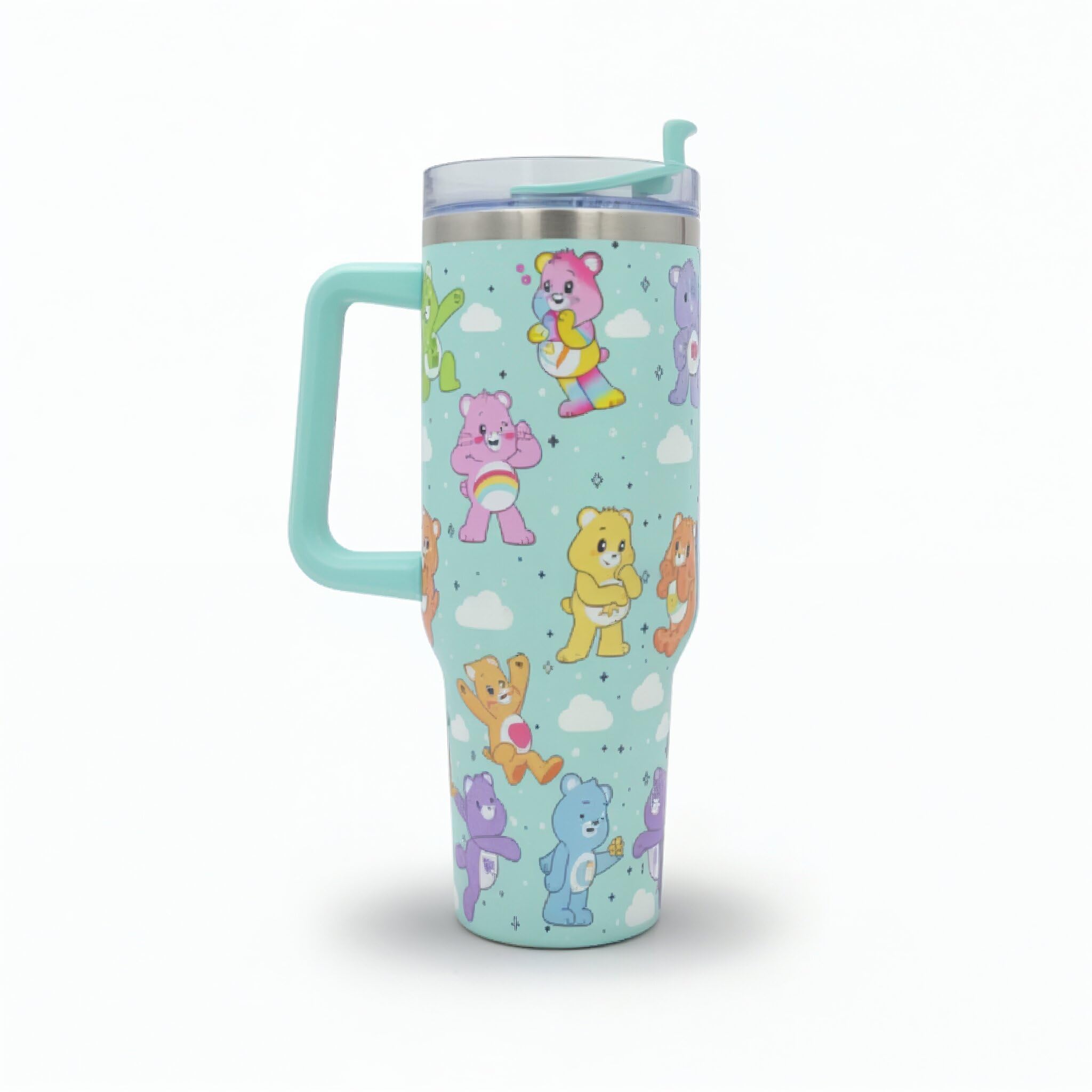 Care Bears 1200ml Insulated Stainless Steel Travel Tumbler with Handle & Straw – Double Walled Vacuum Mug – Cheer Bear Funshine Grumpy Share Bear – Hot & Cold Drinks Cup