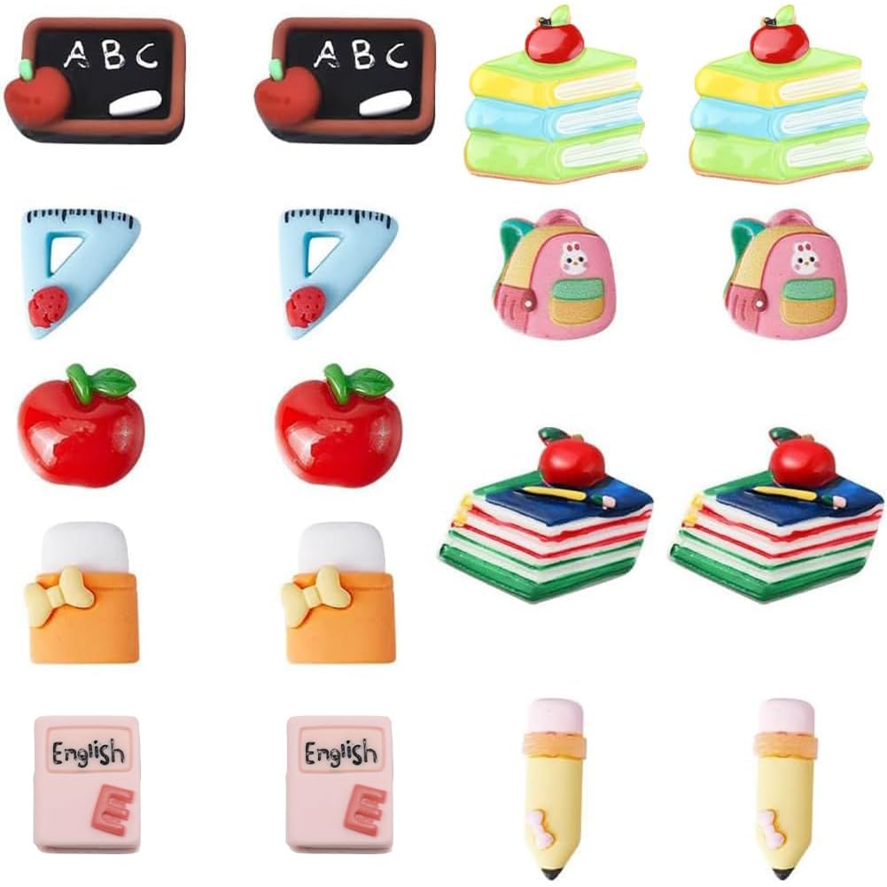 SUNNYCLUE 1 Box 36Pcs 9 Styles Resin Cabochons Teacher's Day Charms Cute Flatback School Study Supplies Mini Ruler Eraser Pencil Notebook Cabochon for Scrapbooking Embellishments DIY Craft Hairpins