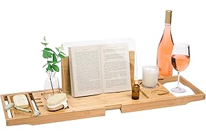 LUXE LILY Waterproof Shield Keeps Your Book Open – Extendable Bamboo Bathtub Tray with Wine Glass Holder Protects from Drips and Splashes - Luxury Bath Tub Caddy Tray for Relaxing in The Bathtub