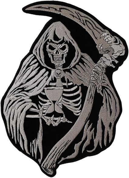 Amazon Com Reaper Skull Holding Sand Clock And Sickle Large Back Patch 9x12 Inch Embroidered Iron On Patch Arts Crafts Sewing