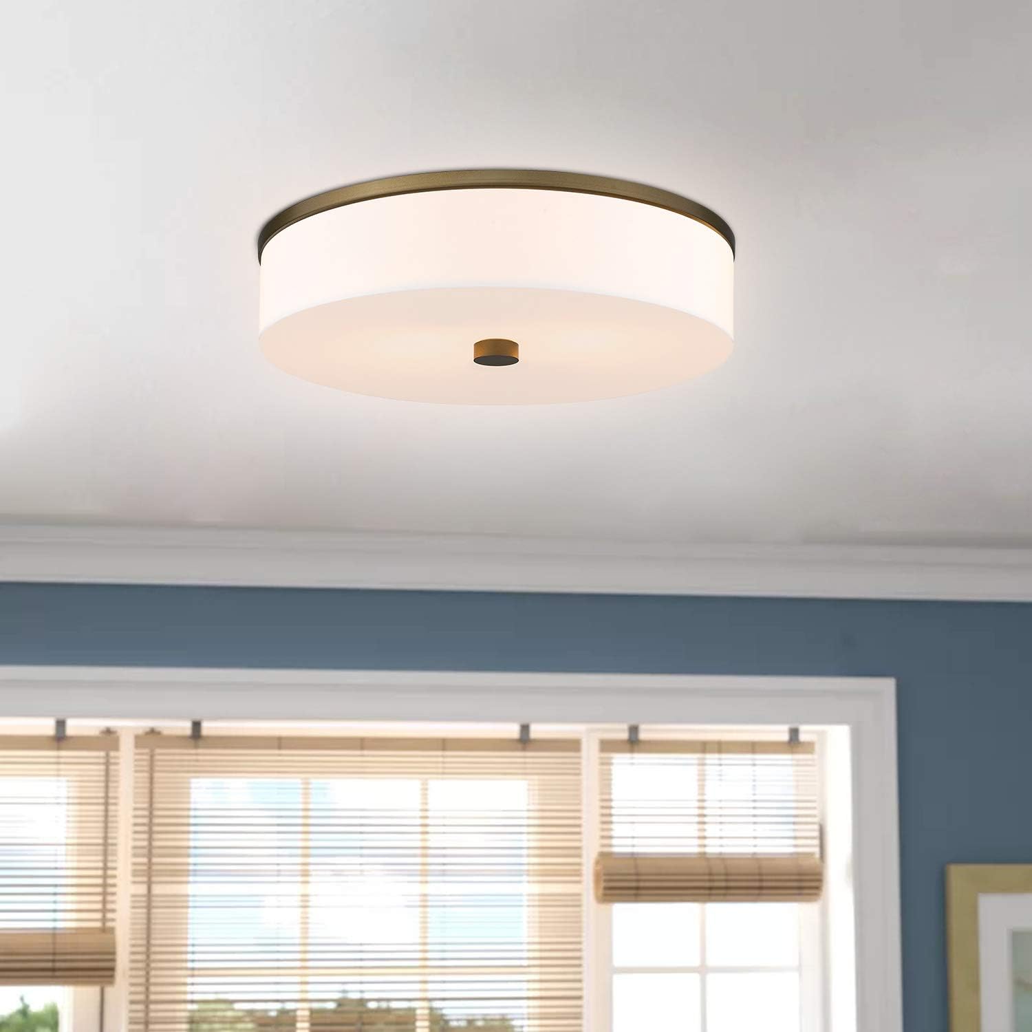 Contemporary 16" Flush Mount Light Fixture, LMS 2-Light Flush Mount Ceiling Light in Antique Brass Gold Finish, Large Ceiling Light Fixtures with Drum Milky White Acrylic Shade, Dimmable, LMS-031: Home Improvement