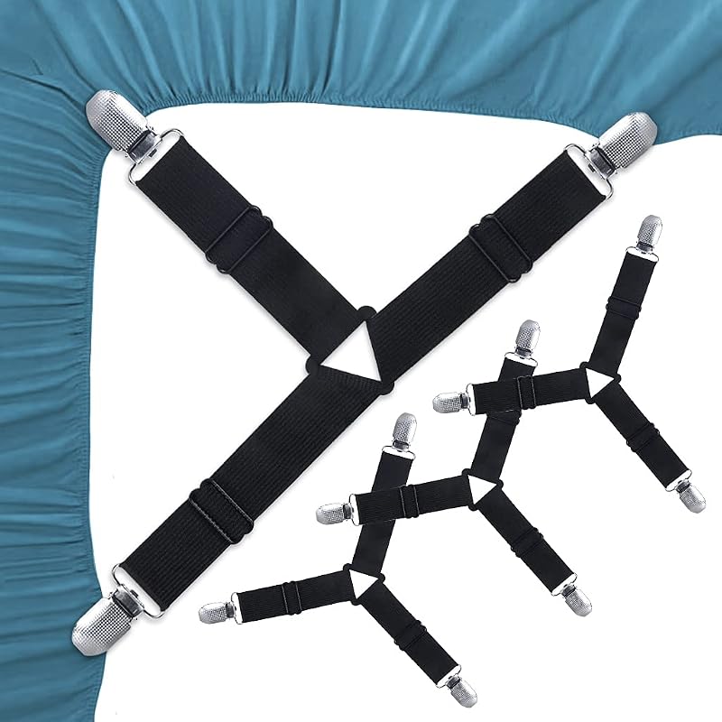 ZGTS 4 PCS Adjustable Bed Sheet Clips with Elastic Straps - Black
