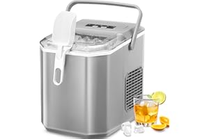 Crzoe Ice Makers Countertop, Ice Machine with Handle, 26Lbs in 24Hrs, 9 Cubes Ready in 6 Mins, Self-Cleaning Portable Ice Maker, 2 Sizes of Bullet Ice Cubes for Home and Office(Grey)
