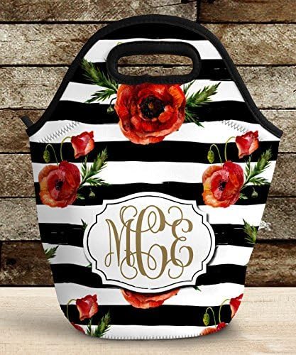 Monogram Lunch Bag for Women Insulated Trendy Stripes with Poppy Flowers
