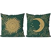 KEUSPI Moon Sun Pillow Cover Retro Boho Green Astrology Tarot The Sun and Moon Mysterious Throw Pillow Cover,Green Sun and Moon Decor Astrology Decor Pillow Covers 18x18 Set of 2