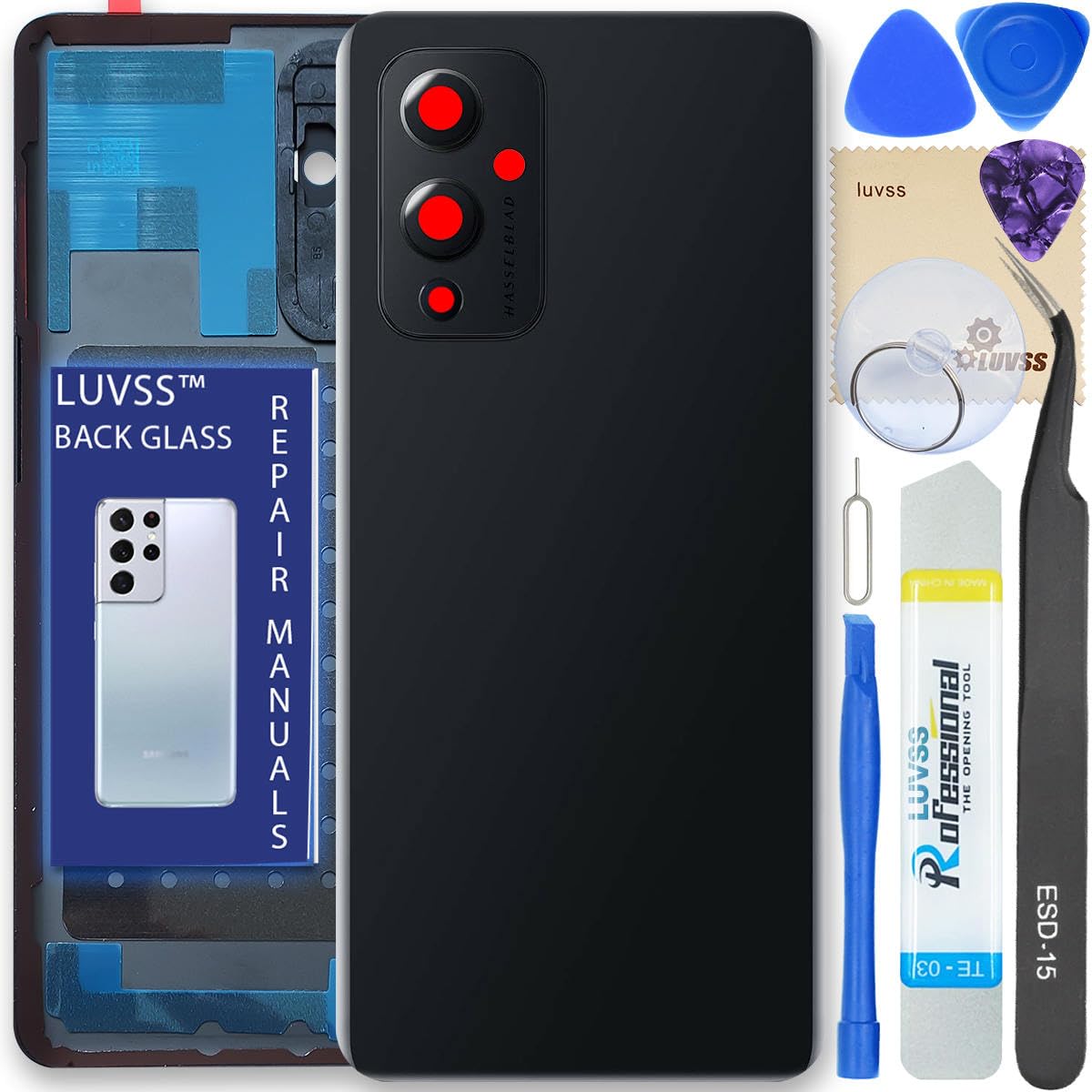 LUVSS Back Glass Cover Replacement Compitable for OnePlus 9 Rear Cover + Camera Lens + Repair Manual DIY Tools Kit (Black)