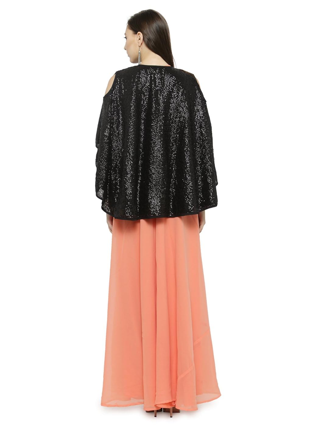 just wow peach & black poly georgette women's dress (jw811)