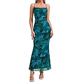 URYIAO Women's Summer Floral Spaghetti Strap Maxi Dress Sleeveless Ruched Mesh Bodycon Long Wedding Guest Dresses