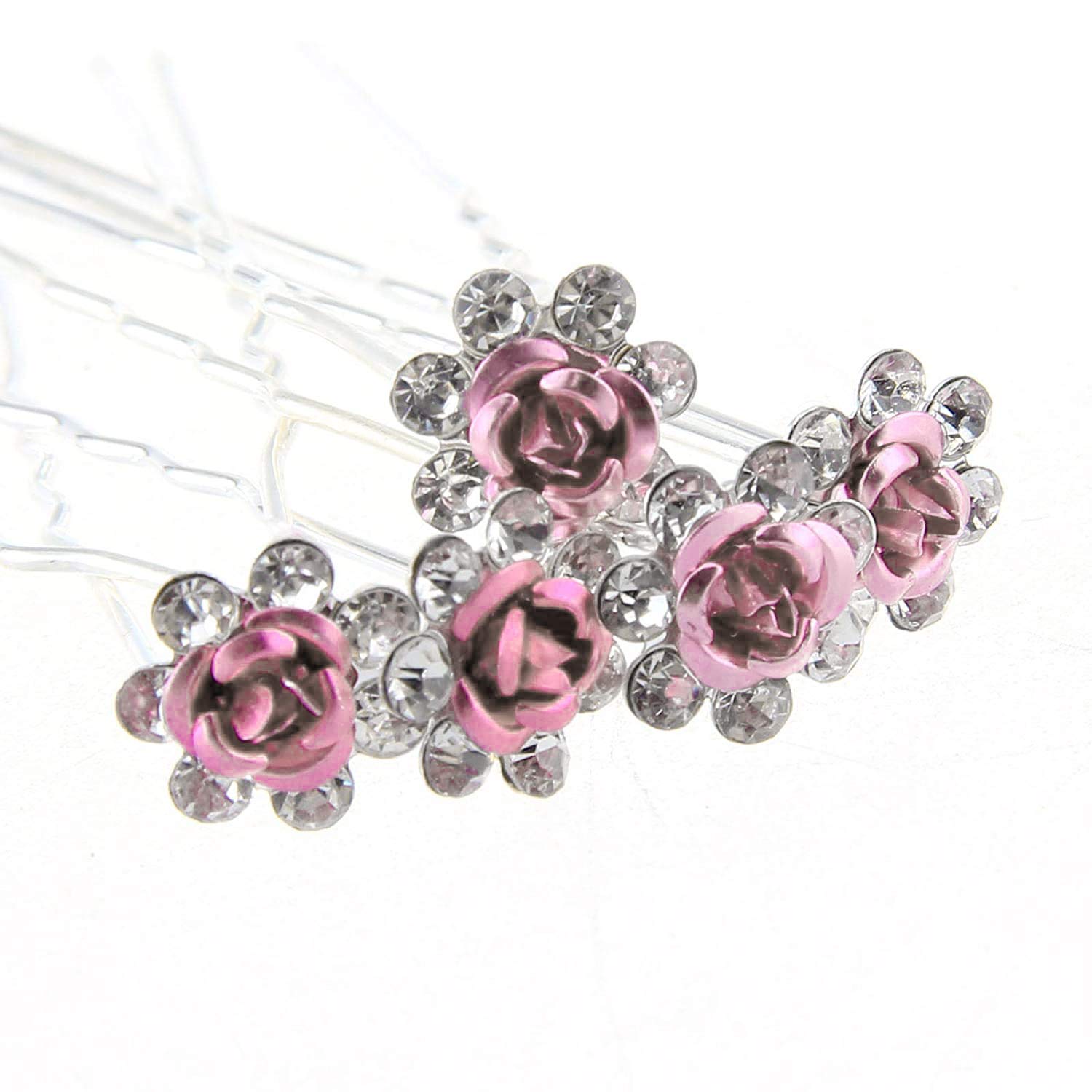 WedDecor 20pcs Pink Wedding Hair Pins with Crystal Rose Flower Design & Rhinestone Diamante Silver Plated Bridal Hair Clips Accessories for Women Wedding & Girls Bridesmaids Prom