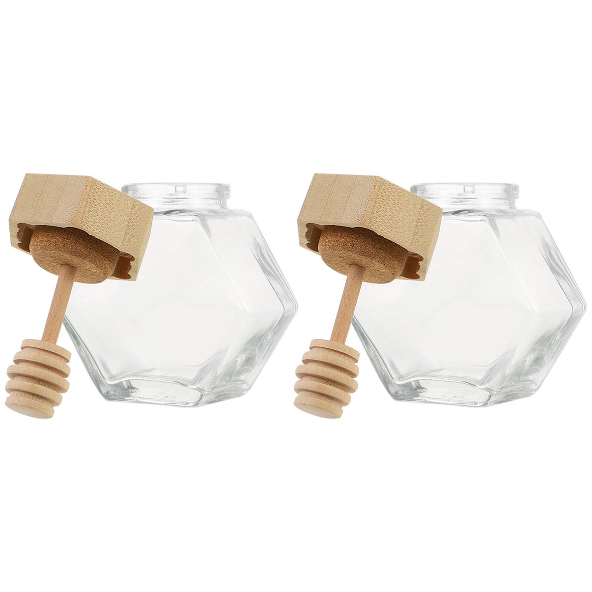 Amosfun 2pcs Glass Honey Jar with Dipper Stick 100ml Mini Honey Bottle Hexagon Spice Jar Storage Container for Wedding Party Favor Kitchen Use