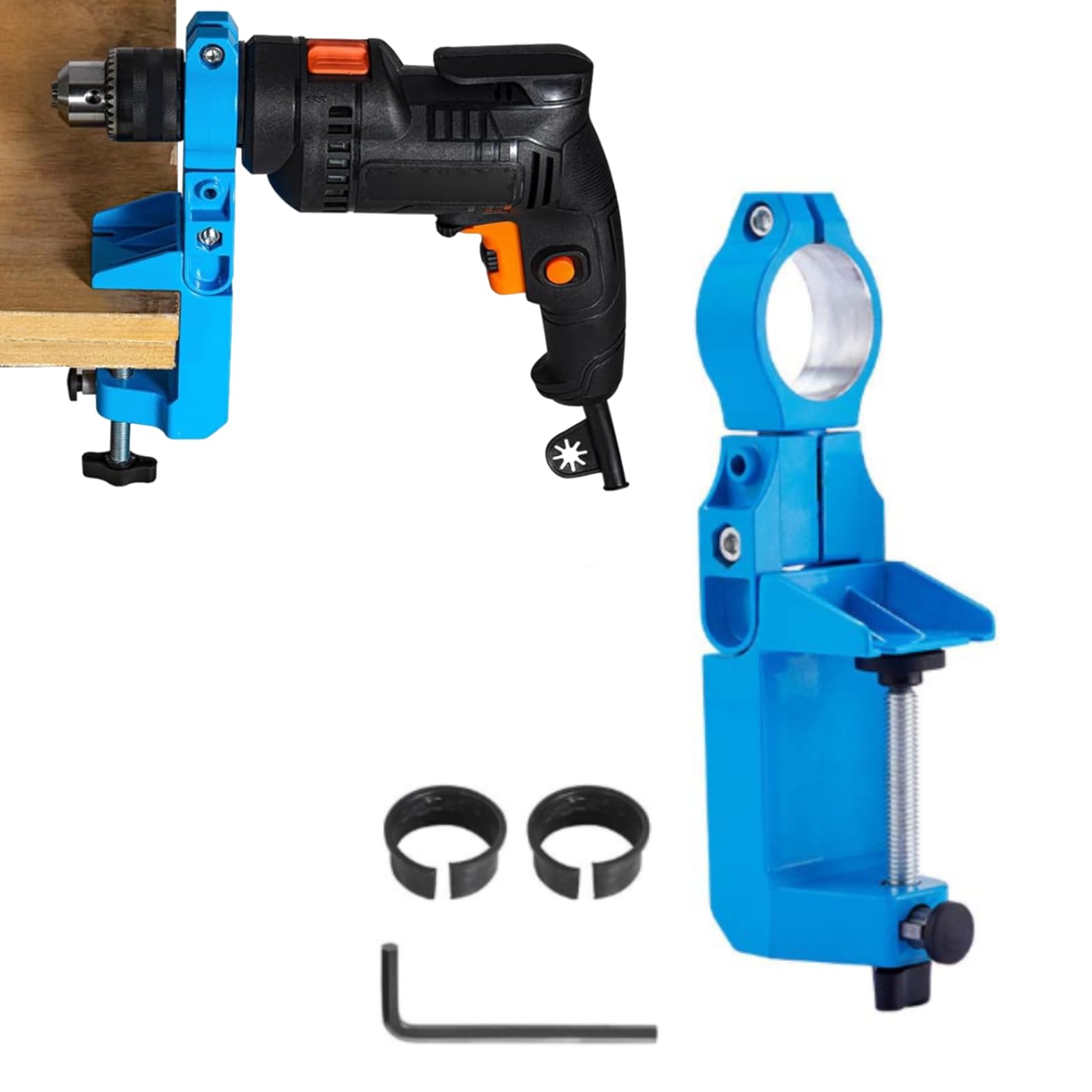 Nimomo Electric Drill Stand, Aluminium Alloy, 360° Rotating, 90° Branch Adjustment, Universal Holder, 12V, Blue, 7.3cm Thick, 38-44mm Washer, 4cm Clamp Connection, Drill, Grinder, Workshop, Garage