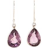 NOVICA Artisan Handmade Amethyst Dangle Earrings 9carat Teardrop from India Sterling Silver Birthstone Gemstone [1.3 in L x 0.4 in W x 0.2 in D] ' Purple Glimmer'