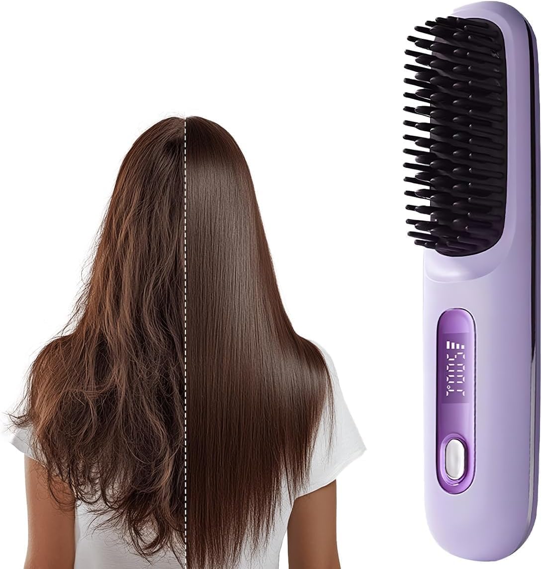 Photo 1 of 2026 Upgraded Go Brush - Pro for Short Hair - Cordless Straightening Brush with Fast Heat, 3 Temperature Settings, Ionic & Ceramic Care, 2500mAh USB-C Rechargeable for Frizz-Free Styling (Purple)