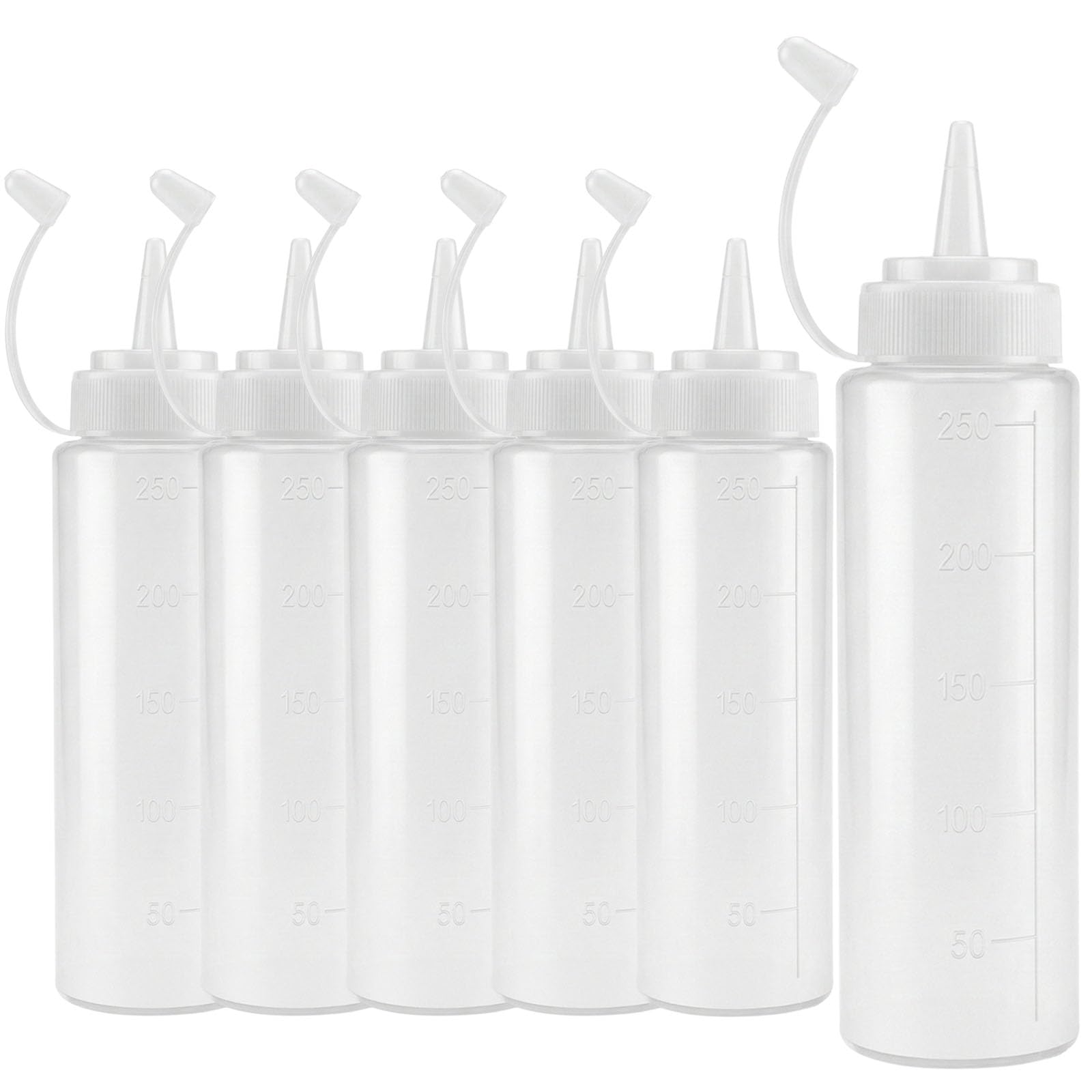 JinPhon 6 Pack Squeeze Bottles 250ml / 8oz | Plastic Squeezy Sauce Bottles with Nozzles & Caps - Versatile Squirty Bottles for Ketchup, Oil, Salad Dressing, BBQ, as Condiment Bottle for Crafts