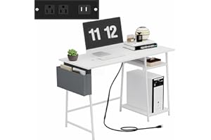 Small Computer Desk, 32 inch Bureau de Travail with 2 Tier Shelves, with Power Outlets Gaming Study Table, Wood Dressing Desk