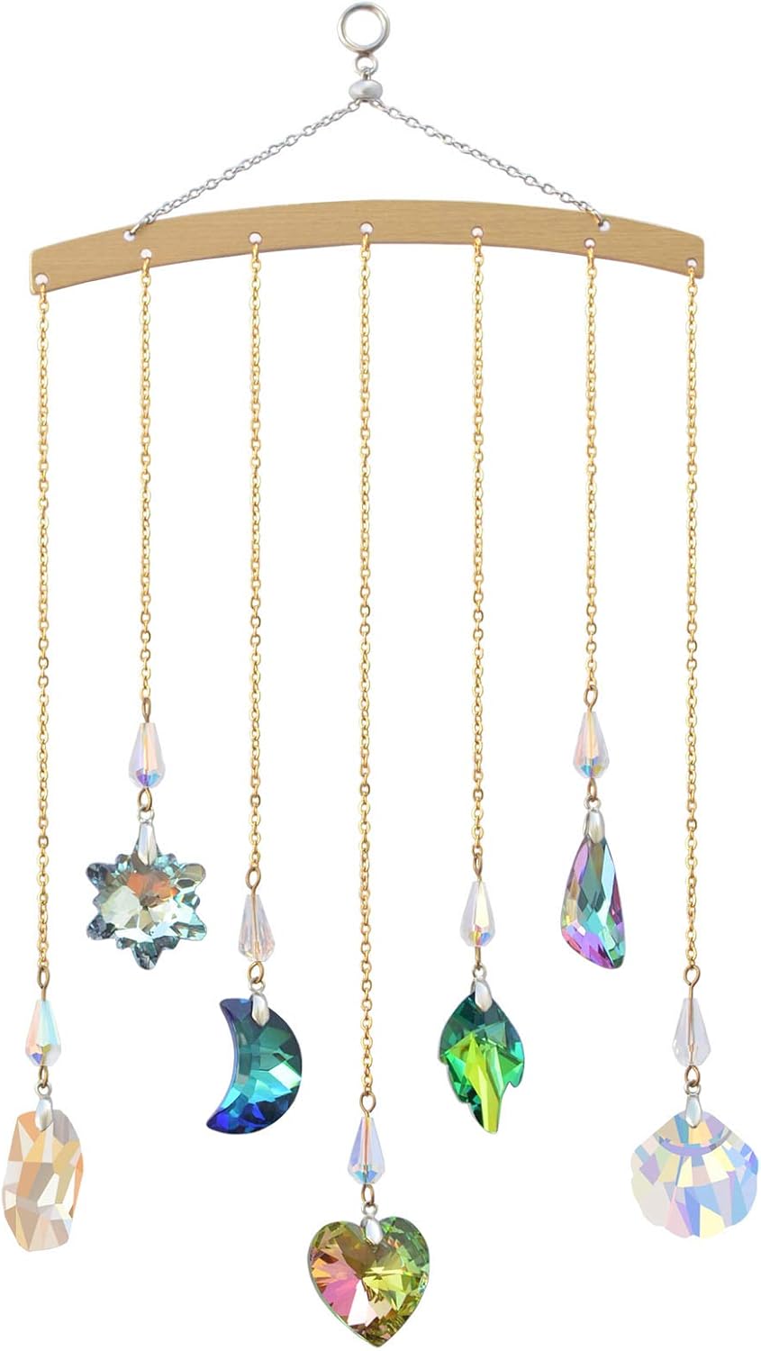 Crystal Ornament Wall Decor, Shining Colourful Crystal Pendants with Stainless Steel Chain Boho Home Decoration for Bedroom Living Room Apartment (Gold)