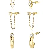 Fwlisesa Gold Earrings for Women, 14k Gold Plated CZ Chain Earring Stacks Dainty Gold Hoop Earrings Set Hypoallergenic Huggie Earrings for Women Trendy Fashion Non Tarnish Jewelry Set for Womens