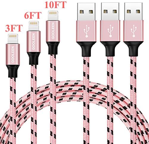 iPhone Charger,GOOLEEN 3Pack 3FT 6FT 10FT Nylon Braided Lightning Cable Cord USB Charging Cable Charger for Apple iPhone 7/7 Plus/6/6s/6 Plus/6s Plus/5/5c/5s/SE,iPad Air/Mini/Pro,iPod(Black/Rose Gold)