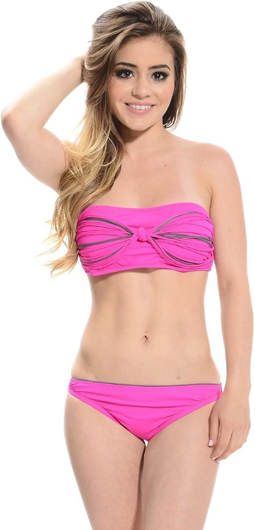 Women's Bandeau Bikini Set Hot Pink (L) Clothing