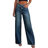 Sidefeel Women's Wide Leg Jeans High Waisted Stretchy Raw Hem Zimbaplatinum Denim Pants