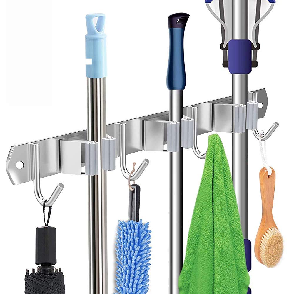 Copiel Broom Mop Holder, Stainless Steel Wall Rack Broom Closet Mounted Storage Organizer Heavy Duty Tools Hanger With 3 Racks 4 Hooks For Kitchen Bathroom Closet Office Garden