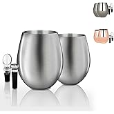 TenTen Labs Stainless Steel Stemless Wine Glasses (Set of 2) with Wine Aerator and Stopper - 18oz - Unbreakable Wine Glass for Outdoors, Travel, Camping and Pool - Brushed Silver