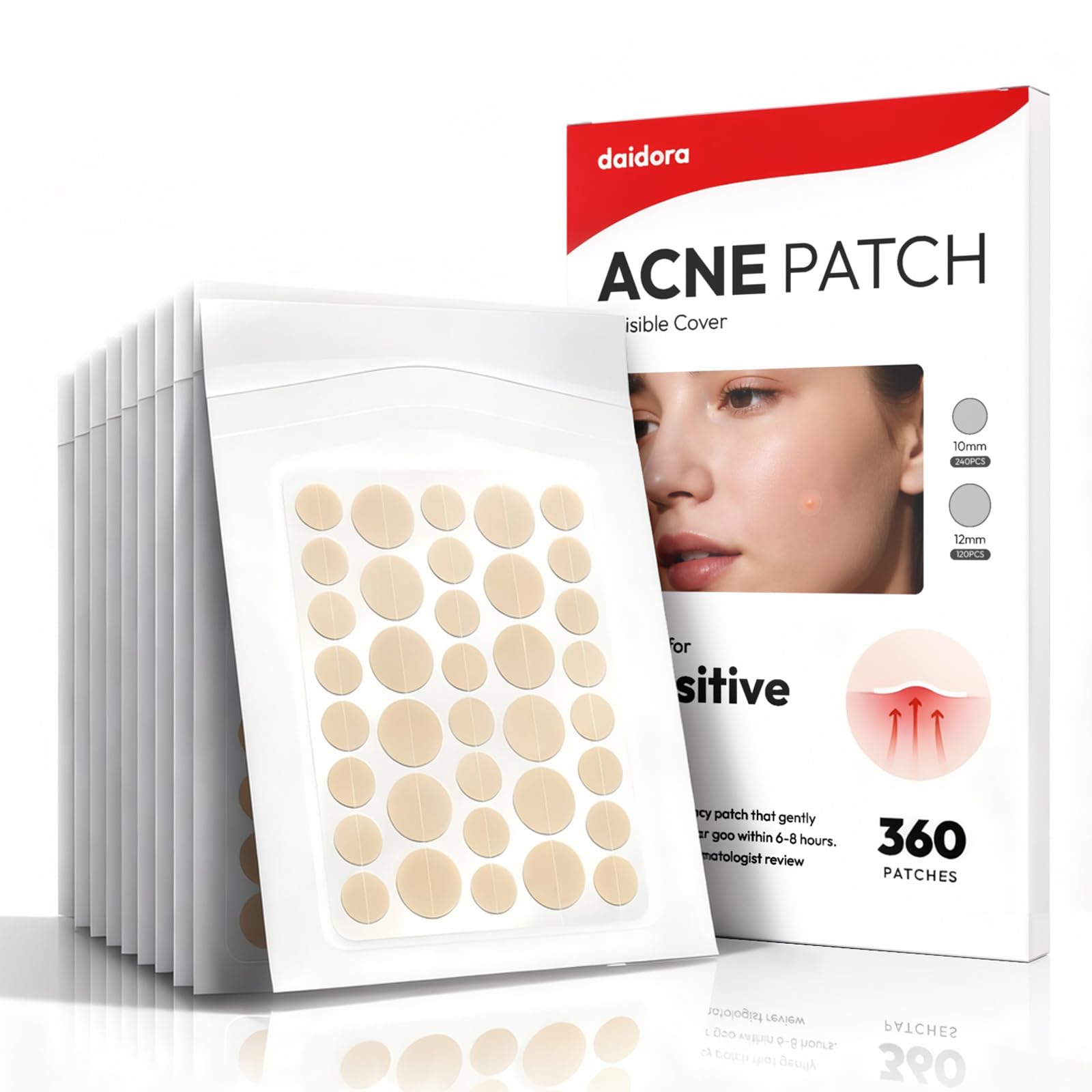 360 Pieces Invisible Pimple Patches, Hydrocolloid Spot Patches, Acne Treatment with 10mm & 12mm Dots for Spots, Waterproof & Breathable