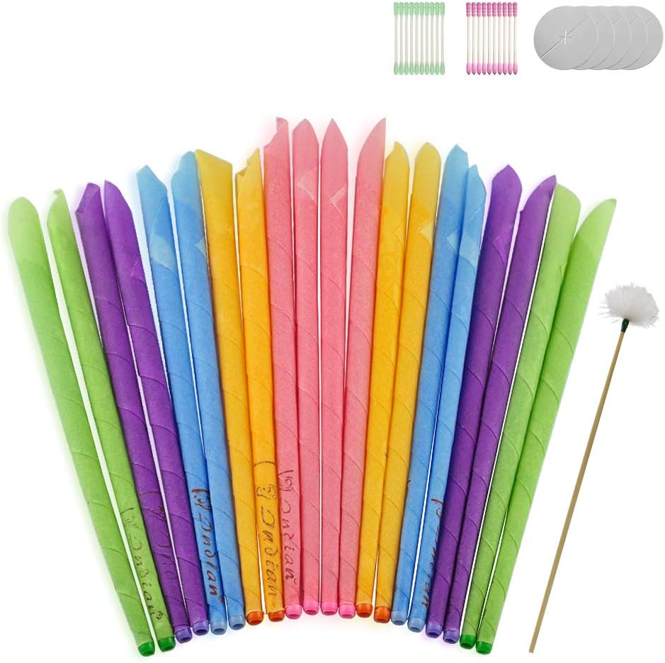 Freeauto Ear Candles, 20 Packs (5 Color) Natural Beeswax Candling Cones 100% Organic Non-Toxic Fragrance Health Ear Care with 5pcs Protective Discs 10pcs Cotton Swab