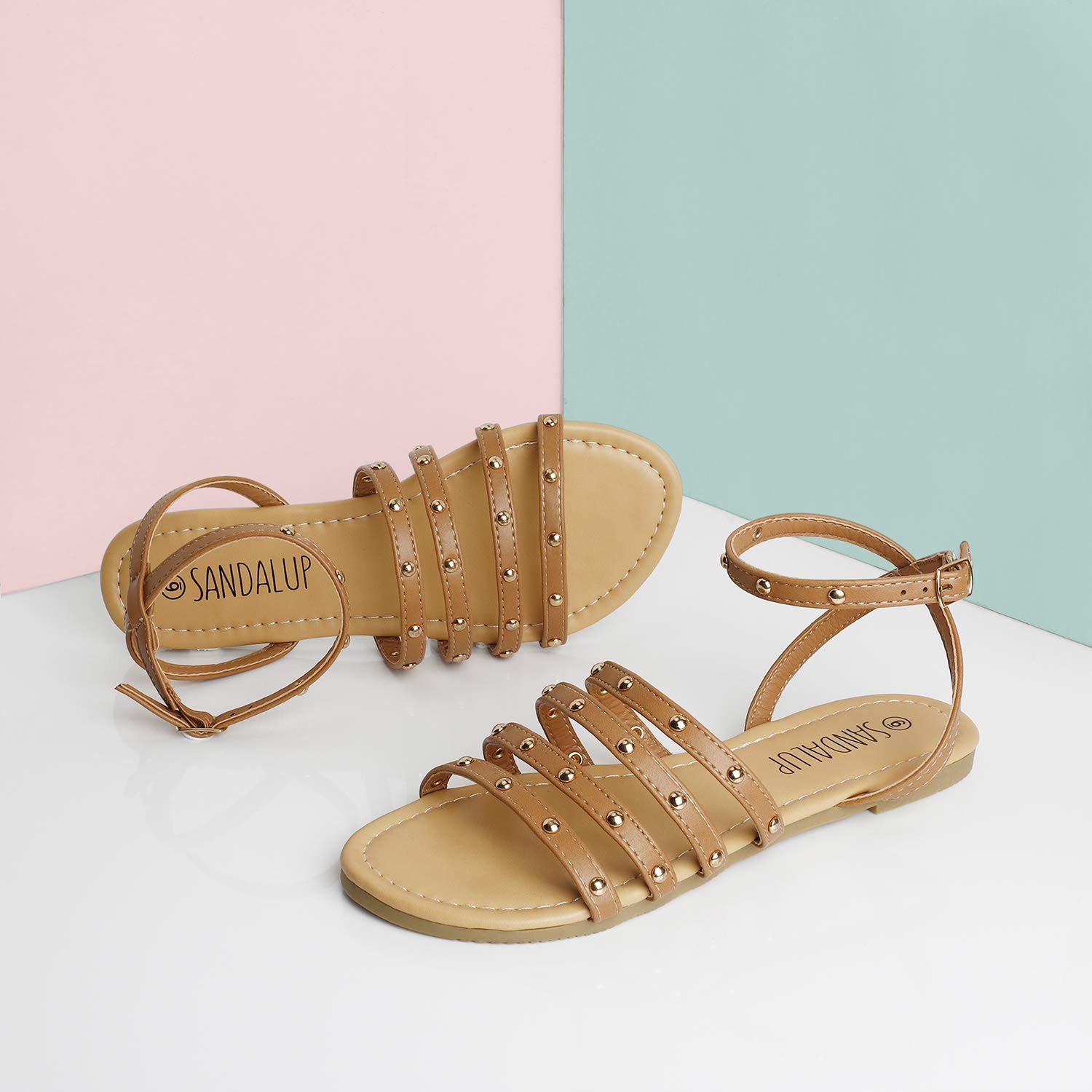 SANDALUP Flat Sandals with Round Rivets and Adjustable Buckle for Women Brown 08