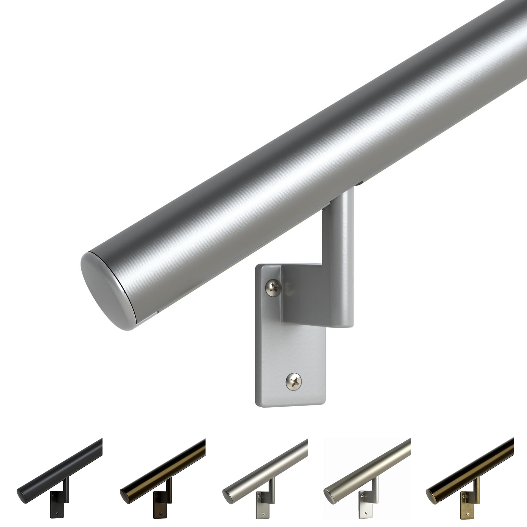 Promenaid Silver 15ft Flush Handrail Kit - Complete Indoor/Outdoor Stair Handrail - Modern 1.6" Round Satin-Anodized Aluminum Railing with 5 Silver Painted Pivoting Wall Brackets & Flush Endcaps Image
