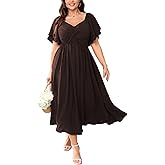 SCOMCHIC Women's Plus Size Wedding Guest Cocktail Dresses Sweetheart Neckline Ruffle Sleeve A Line Maxi Dress