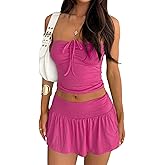 Goafuliy 2 Piece Skirt Outfits for Women Y2k Summer Bandeau Going Out Crop Tops and Low Wasit Mini Skorts Sets