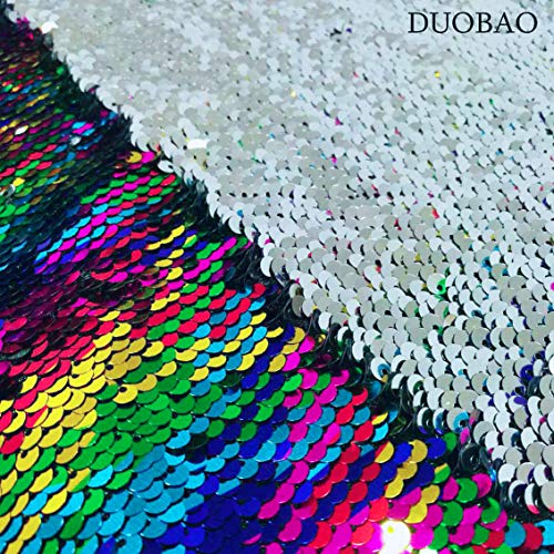 DUOBAO Rainbow to Silver Mermaid Fabric by The Yard Two Tone Sequin Fabric Sequence Fabric Reversible Unique Quality Fabrics Mesh Sequins